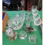 Crystal wine glasses, two coloured crystal champagne glasses, crystal bowl, glass pickle jar in a