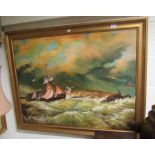 A framed oil on canvas by Irene Cass ('85) of boats caught in a rough sea