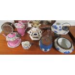 A quantity of Burslem ware china items, a blue and white Wedgwood style vintage biscuit barrel, a