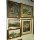 Four framed prints and a primitive oil on canvas in gilt frame