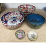 Two fluted Imari Bowls together with a cloisonne bowl and two miniature bowls of oriental design