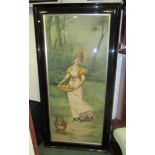 A large ebonised framed silk tapestry of a maiden with apples, 97cm x 190cm approx.