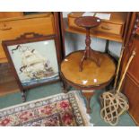 An Art Deco firescreen with tapestry of a Tall Ship behind glass, brass warming pan, two willow