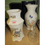 Two Aynsley vases with boxes and a crystal bell