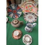 A Spode oriental plate, an Imari plate, Doulton teapot (AF), Crown Derby cup and saucer (AF) etc.