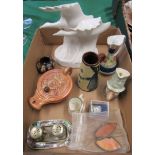 A box of assorted items including a Tiffany butterfly brooch, silver plated mexican dish edged