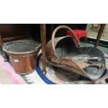 A copper coal scuttle and coal bucket with brass and copper fire tongs together a pair of wood and
