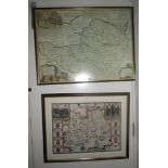 Two framed prints of maps of the West Country and Surrey