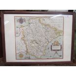 Framed coloured print of a map of Devon