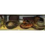 Copper and Brass ware including a jam pan and two candlesticks together with wooden artefacts,