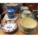 Two Imari plates, a Sunset Ware bowl (AF), a ceramic dressing table tray together with a biscuit