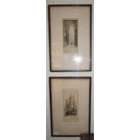 Two framed black and white etchings by K Vernon, one of Winchester Cathedral and other of Canterbury