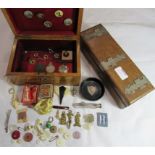 Two wooden boxes containing early button pin badges, brooches, buttons, an Edwardian small