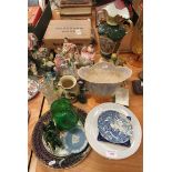 A Beswick vase, two Goebbels budgerigars (AF), a Clovelly jug, a blue Wedgwood dish, mixed figurines