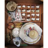 A box of assorted items to include a quantity of ceramic thimbles with display shelf and two