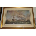 A large gilt framed print of HM ships Hindustan and Impregnable at Plymouth in 1860 by Leslie A