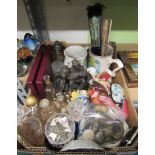 A box of assorted items to include glass perfume bottles, fans, Portmeirion Complete Angler mug,