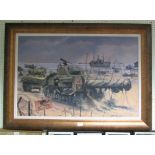 A large framed Giclee print on canvas by D Pentland 2004 'D Day Sword Beach Normandy 1944' showing a