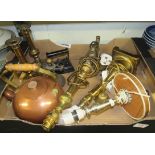 Pair of brass candlesticks, copper kettle, two brass table lamps and one other, flat iron etc.