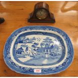 A Tone blue and white turkey platter with a small oak cased mantel clock