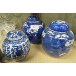 Three blue and white ginger jars (one lid AF)
