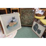 Wooden fire screen with fine tapestry work behind glass together with two framed pastel pictures,