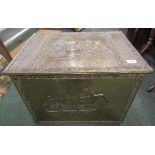 Large brass log/coal box with rural design and containing a modern pottery table lamp