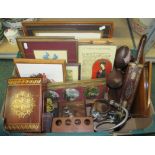 A box of assorted items, pictures, wooden boxes, maracas etc.