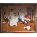 An oil on canvas by Frederick and Irene Cass of a Victorian domestic scene