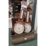 Two wooden cases barometers, one by Rossiter & Sons together with a decorative copper rectangular