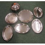 An EPNS muffin dish together with a silver plated Mappin and Webb circular tray, another tray and