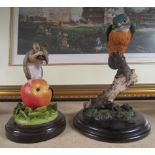 Country Artists kingfisher on a branch together with a fieldmouse on an apple