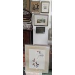 Four framed pictures of continental scenes and one framed Oriental picture