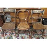 Two oak dining/kitchen chairs together with a balloon back caned seat chair
