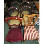 Four matching balloon back chairs with carved backs and gold patterned seats together with two other