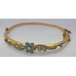 EARLY 20TH CENTURY TURQUOISE AND PEARL SET BANGLE MARKED 15C Condition Report: