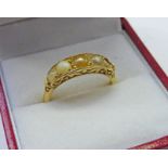 18CT GOLD HALF PEARL SET RING IN SCROLL MOUNT