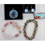 MULTI COLOURED BRACELET, PAIR OF CIRCULAR EARRINGS, PAIR OF BALL EARRINGS, GLASS CIRCULAR PENDANT,