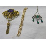 PASTE SET 19TH CENTURY STYLE PENDANT ON FINE CHAIN & VICTORIAN AMETHYST SET BROOCH