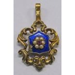 19TH CENTURY PENDANT WITH BLUE ENAMEL CULTURED PEARL & RUBY SET DECORATION