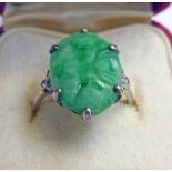 GREEN HARDSTONE AND DIAMOND SET RING MARKED 18CT & PLATINUM