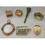 9CT GOLD CASED £5 NOTE & 2 TEN SHILLING NOTES, 9CT GOLD CITRINE SET FOB, 19TH CENTURY WATCH KEY,