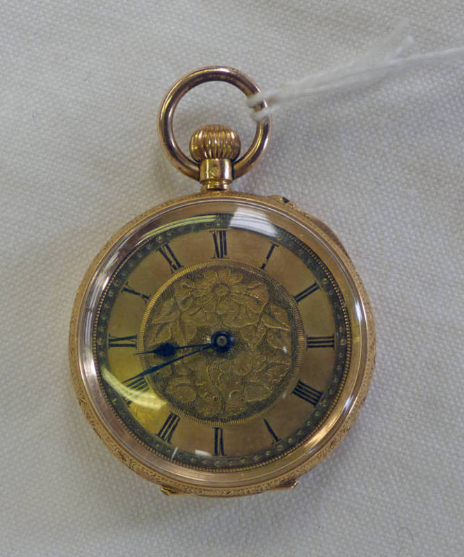 FOB WATCH IN CASE MARKED 18K WITH DECORATIVE ENGRAVING