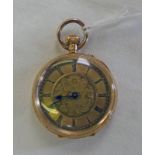FOB WATCH IN CASE MARKED 18K WITH DECORATIVE ENGRAVING