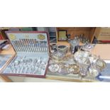 2 X 3 PIECE SILVER PLATED TEASETS, MAHOGANY CASED CANTEEN VARIOUS SILVER PLATED CUTLERY,
