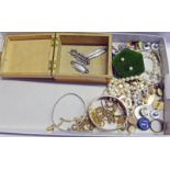 3 SILVER BROOCHES, 2 MEDALLION CHAINS 9CT GOLD METAL CASED BANGLE,