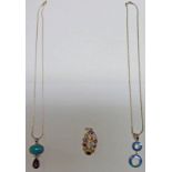 CITRINE & TURQUOISE PENDANT ON CHAIN MARKED 925 & DECORATIVE GEM SET PENDANT MARKED 925 & ARTS &