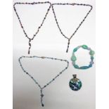 3 BEAD NECKLACES, CIRCULAR PENDANT MARKED 925 GREEN HARDSTONE NECKLACE.