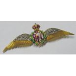 ROYAL FLYING CORPS BROOCH SET WITH ROSE CUT DIAMONDS AND ENAMEL DECORATION AND MARKED 15CT