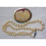 OVAL SILVER MOUNTED CAMEO BROOCH & CULTURED PEARL NECKLACE ON STERLING SILVER CLASP WITH APPROX 66